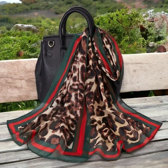 Luxe Chiffon Neck Scarf Green Red Animal Print Garment Boho Y2K Chic Wrap New - Picture 1 of 3